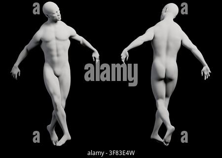 Una rappresentazione 3D dettagliata di una figura maschile che cammina con sicurezza su uno sfondo nero da studio, mostrando anatomia muscolare e postura dinamica. Foto Stock