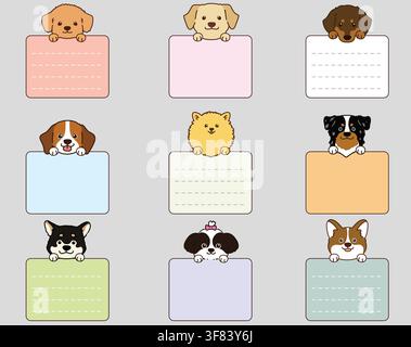 Set di teste di cani carine e semplici delineate con zampe anteriori che tengono una nota Illustrazione Vettoriale