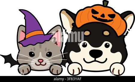 Illustrazione semplice e adorabile di Halloween di un gatto tabby grigio e di uno Shiba Inu nero con le zampe Illustrazione Vettoriale