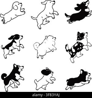 Set di cani carini e semplici che saltano e giocano con solo i contorni Illustrazione Vettoriale