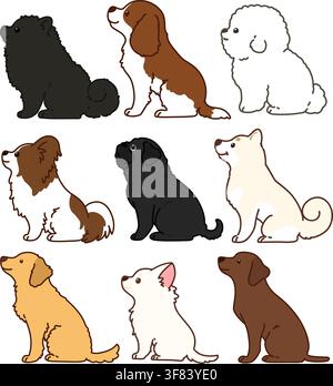 Set di cani adorabili delineati in vista laterale Illustrazione Vettoriale