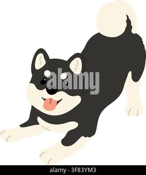 Illustrazione semplice e carina a colori piatti di un Shiba Inu nero che gioca Illustrazione Vettoriale
