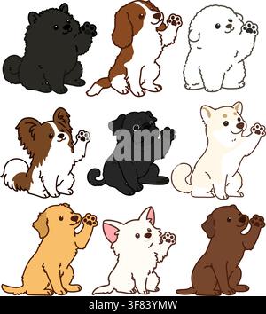 Set di cani adorabili delineati seduti e che salutano con la mano Illustrazione Vettoriale