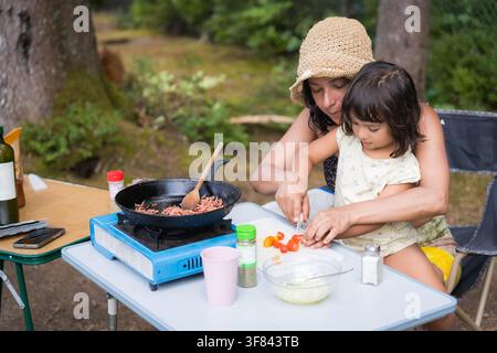 giovane donna con figlia in età prescolare che cucina insieme come famiglia in un campeggio con fornello a gas all'aperto, stile di vita delle vacanze estive Foto Stock
