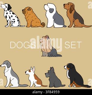 Set di cani carini e semplici delineati in vista laterale (Yorkshire Terrier, Pastore, Shar Pei, Terrier Scozzese, Cane da Montagna, Bull Terrier, Borzo Illustrazione Vettoriale