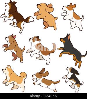 Set di cani carini e semplici delineati che saltano di lato (Shetland Sheepdog, English Cocker Spaniel, Fox Terrier, Pitbull, San Bernardo, Doberman, A Illustrazione Vettoriale