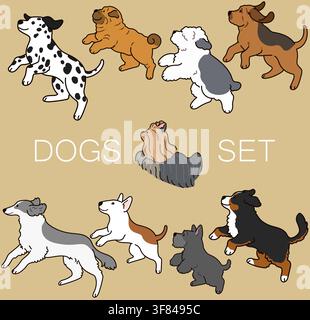 Set di cani carini e semplici delineati in salto (Yorkshire Terrier, Pastore, Shar Pei, Scottish Terrier, Cane da Montagna, Bull Terrier, Borzoi, Bloodhound Illustrazione Vettoriale