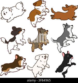 Set di cani carini e semplici delineati che saltano e giocano Illustrazione Vettoriale