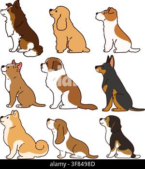 Set di cani carini e semplici delineati in vista laterale (Shetland Sheepdog, English Cocker Spaniel, Fox Terrier, Pitbull, San Bernardo, Doberman, A Illustrazione Vettoriale