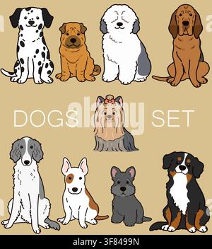 Set di cani carini e semplici delineati in vista frontale seduti (Yorkshire Terrier, Pastore, Shar Pei, Terrier Scozzese, Cane da Montagna, Bull Terrier, Borz Illustrazione Vettoriale