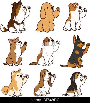 Set di cani carini e semplici delineati seduti e che salutano (Shetland Sheepdog, English Cocker Spaniel, Fox Terrier, Pitbull, San Bernardo, Doberman, Aki Illustrazione Vettoriale