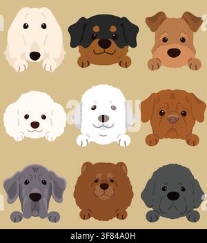 Set di cani piatti colorati carini e semplici (Levriero afghano, Rottweiler, Terrier gallese, Grande Pirenaico, Barboncino, Mastino francese, Alano, Chow Chow, Terranova Illustrazione Vettoriale