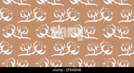 Modello senza cuciture con delicato ramo di fiore di pianta in cotone bianco su sfondo marrone. Elemento di stampa tessile botanico naturale e organico. Vettore Illustrazione Vettoriale