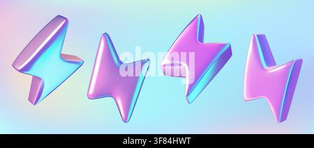 Set di icone 3D a forma di fulmine in sfumatura olografica viola neon e blu Illustrazione Vettoriale