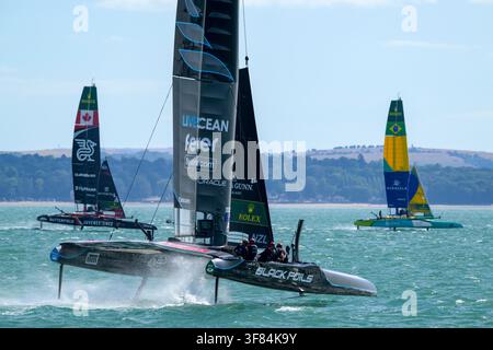 Portsmouth, UK, 26 luglio 2026, The Black Foils New Zealand SAILGP Team, NorthStar SAILGP-Team, Mubadala Brazil SAILGP Team Emirates Great Britain Sail Foto Stock