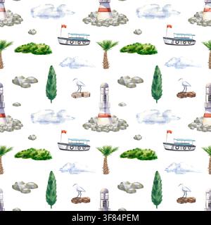 Un motivo ad acquerello senza cuciture disegnato a mano con elementi nautici e costieri isolati su sfondo bianco. Il design di questa vacanza estiva include un Foto Stock