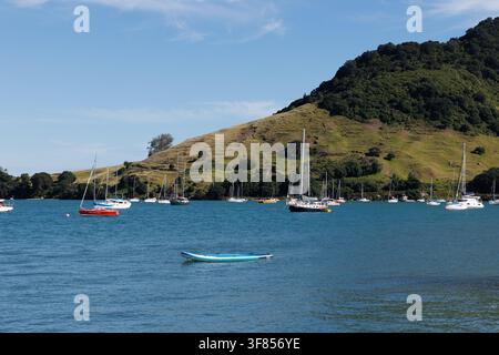 Yacht e piccole barche ormeggiate in una baia riparata ai piedi di colline verdi sotto un cielo azzurro. Foto Stock