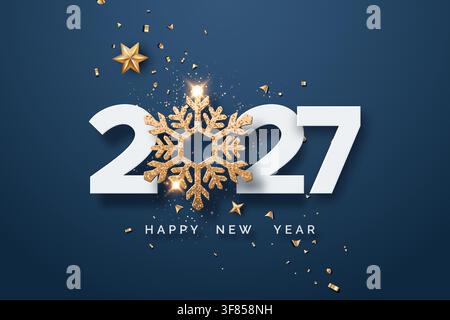 2027 Testo "Buon anno nuovo" con fiocco di neve dorato, stelle e coriandoli su sfondo blu scuro Illustrazione Vettoriale