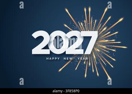 2027 Testo "Buon anno nuovo" con fuochi d'artificio dorati su sfondo blu scuro Illustrazione Vettoriale