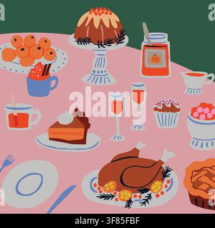 Tavolo accogliente per la cena del Ringraziamento con tacchino arrosto, torta di zucca, bevande calde, dessert, posate e prelibatezze autunnali. Illustrazione festiva ispirata al retro per biglietti di auguri, poster e decorazioni stagionali. File vettoriale disegnato a mano. Illustrazione Vettoriale