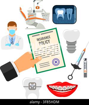 Concetto di servizio assicurativo dentale. odontoiatria con icone piatte polizza assicurativa, dentista, siringa, impianto, sedia dentista, bretelle. vettore i Illustrazione Vettoriale