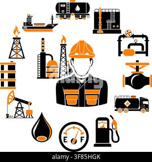 Estrazione industria petrolifera produzione e trasporto di petrolio e benzina Concept due icone colorate con oliatore, carro di perforazione e fusti. Illustr. Vettoriale isolato Illustrazione Vettoriale