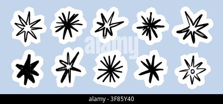 Collezione di stelle per scrapbooking artigianale. Set di elementi di collage disegnati a mano con scintilli e scintille. Pacchetto di adesivi in carta ritagliata con scarabocchi a matita e asterisco. Forme schizzate per badge fai-da-te, zine, poster. Vettore Illustrazione Vettoriale