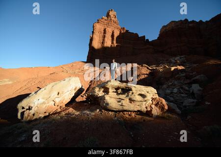 Una figura solitaria si erge su una sporgenza di arenaria sovrastata da imponenti guglie di roccia rossa sotto un profondo cielo blu del deserto. Foto Stock