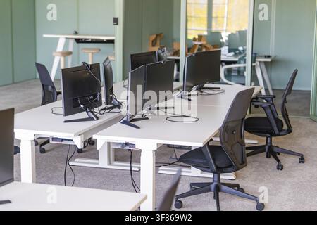 Configurazione dell'ufficio moderno con file di scrivanie, computer e sedie ergonomiche Foto Stock