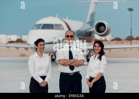 Un pilota sicuro di sé e due membri dell'equipaggio femminili sorridono mentre stanno sulla pista davanti a un jet privato, rappresentando viaggi d'affari di lusso, servizio professionale di aviazione, lavoro di squadra e sicurezza. Foto Stock