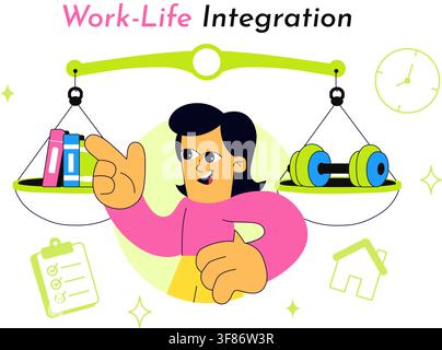 Illustrazione vettoriale sull'integrazione della vita lavorativa con doveri professionali equilibrati, attività domestiche, produttività e benessere personale Illustrazione Vettoriale