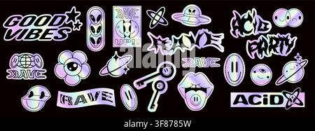 Set di adesivi Y2K rave con forme acide trippy isolate su sfondo nero. Illustrazione vettoriale di icone olografiche neon psichedeliche, ufo e bocca con lingua per design per feste, grafica urbana cool Illustrazione Vettoriale
