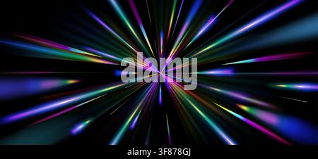 Esplosione di luce radiante con raggi dello spettro arcobaleno che esplodono dal centro. Illustrazione realistica vettoriale 3D, raggi colorati che creano un effetto di velocità dinamico su sfondo nero, sfondo astratto olografico Illustrazione Vettoriale