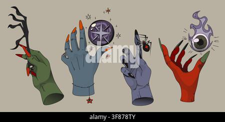 Set vettoriale di mani di strega che tengono oggetti magici. Dita femminili spaventose con un ragno inquietante, piede di pollo, sfera di cristallo esoterica e occhio umano, simboli di stregoneria mistici per il design di banner horror di Halloween Illustrazione Vettoriale