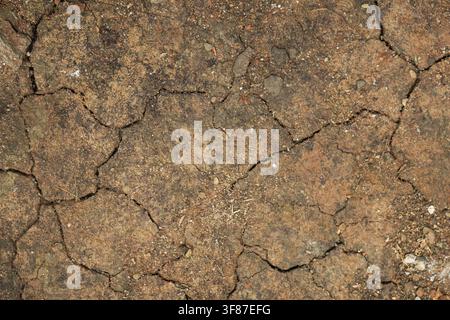 Vista aerea di terreno secco e crepato che mostra profonde fessure. Concetto per siccità, riscaldamento globale e crisi ambientale con terra marrone altamente dettagliata Foto Stock