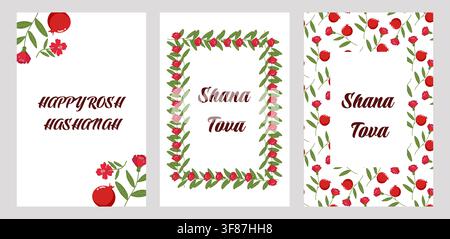 Tre biglietti di auguri Rosh Hashanah decorati con melagrane, fiori rossi e foglie verdi, con la scritta Happy Rosh Hashanah Illustrazione Vettoriale