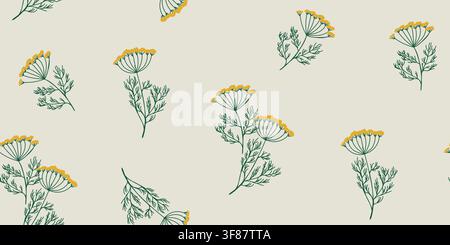 Motivo senza cuciture da erbario vintage con mazzi di aneto disegnati a mano con delicate fiori gialli su uno sfondo di pergamena invecchiata. Ispirato da illustrazioni botaniche antiche e fogli scientifici da erbario, questo design botanico senza tempo è perfetto per tessuti, carta da parati, carta da imballaggio e cartoleria. file vettoriale disegnato a mano. Illustrazione Vettoriale