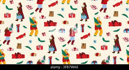 Modello senza cuciture per gli acquisti natalizi con persone che portano regali, regali incartati, abiti invernali e accessori festivi, disegnati a mano in modo giocoso Illustrazione Vettoriale