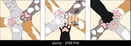 Cerchio di lavoro di squadra amichevole con zampe di gatto diverse e colorate che si toccano. Illustrazione carina che mostra sostegno all'amicizia e giocosità Illustrazione Vettoriale