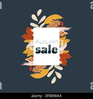 Modello o banner per social media per una vendita autunnale con cornice bianca e bouquet di fogliame autunnale su sfondo di ardesia scura. Vettore promozionale stagionale moderno Illustrazione Vettoriale
