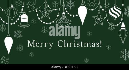 Biglietto o banner di Natale disegnato a mano con decorazioni per alberi di Natale, palline e fiocchi di neve e una campana per la decorazione stagionale Illustrazione Vettoriale