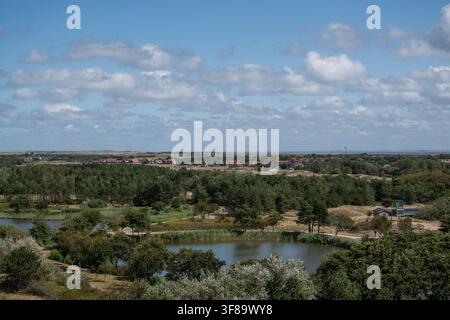 Vista aerea dell'isola olandese di Ameland nei Paesi Bassi scattata dalla cima del faro di Hollum Foto Stock