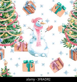 Un motivo acquerellato senza cuciture con un pupazzo di neve, alberi di Natale e regali. Ideale per tessuti natalizi, prodotti per bambini, materiali stampati Foto Stock