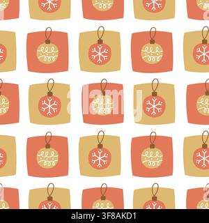 Modello senza cuciture con palline di Natale vettore sfondo carino per le vacanze invernali con ornamenti rossi e gialli per il design della carta da regalo festiva Illustrazione Vettoriale