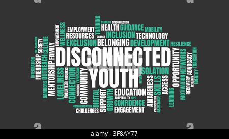 Design di nuvole di parole per un poster di sensibilizzazione sociale sulla salute mentale degli adolescenti. Gioventù disconnessa, tipografia verde minimalista Illustrazione Vettoriale