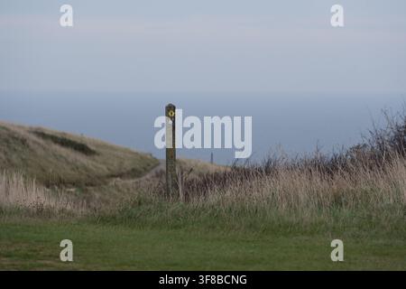 Segnale di sentiero pubblico in legno in piedi su una testa erbosa che si affaccia sul mare vicino a Beachy Head, Eastbourne, East Sussex. Foto Stock