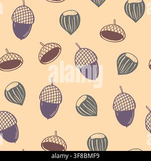 Modello senza cuciture con dolci ghiande disegnate a mano in tonalità pastello terrose. Illustrazione vettoriale disegnata a mano. Illustrazione Vettoriale