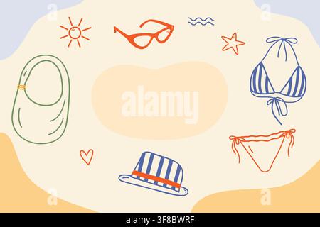 Accessori da spiaggia estivi in stile mediterraneo trendy disegnato a mano. Modello spazio copia Design piatto. Illustrazione vettoriale Banner promozionale, poster o carte di vendita, branding di viaggio e materiali promozionali estivi Illustrazione Vettoriale