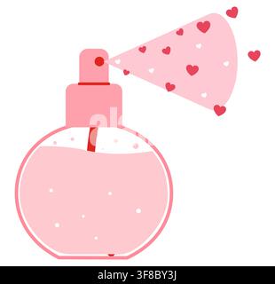 Icona di bottiglia spray di profumo rosa con particelle di nebbia a forma di cuore, tubo di immersione rosso, bolle e testa della pompa. Ideale per fragranze romantiche, branding di cosmetici di bellezza, etichette di confezione, grafica UI Illustrazione Vettoriale