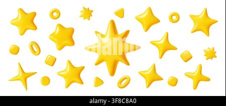 Stelle e stelline gialle 3D. Set isolato di scintillii dorati, anelli e cerchi vettoriali. Elementi di rendering stellati carini, realistici, lucidi e giocosi per decorazioni magiche, giochi, app, camerette Illustrazione Vettoriale